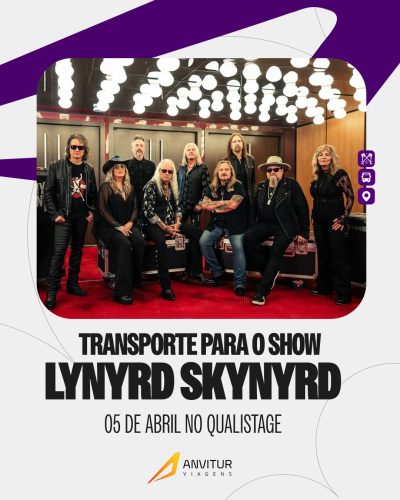 Curta o show do Lynyrd Skynyrd com todo conforto! A Anvitur garante transporte climatizado e equipe pronta para te receber. 🚍